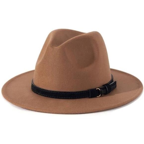 Other - Men & Women Vintage Wide Brim Fedora Hat with Belt Buckle Z Black Belt-khaki